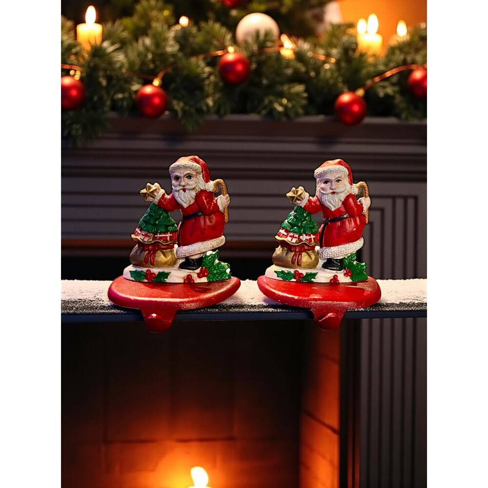 Vintage Cast Iron Santa Stocking Holders Pair-Taiwan-Hand Painted-Mantel Hooks